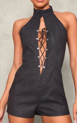Faux Leather Lace Up Halterneck Romper-PrettyLittleThing Sale