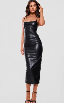 Faux Leather Lace Up Back Midi Dress-PrettyLittleThing Sale
