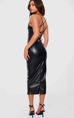 Faux Leather Lace Up Back Midi Dress-PrettyLittleThing Sale