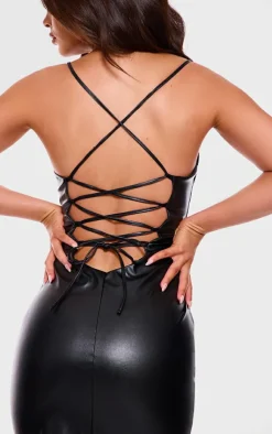 Faux Leather Lace Up Back Midi Dress-PrettyLittleThing Sale