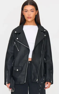 PrettyLittleThing Faux Leather Jackets*Faux Leather Longline Belted Biker Jacket