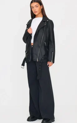 PrettyLittleThing Faux Leather Jackets*Faux Leather Longline Belted Biker Jacket