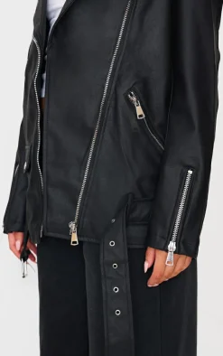 PrettyLittleThing Faux Leather Jackets*Faux Leather Longline Belted Biker Jacket