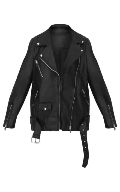 PrettyLittleThing Faux Leather Jackets*Faux Leather Longline Belted Biker Jacket