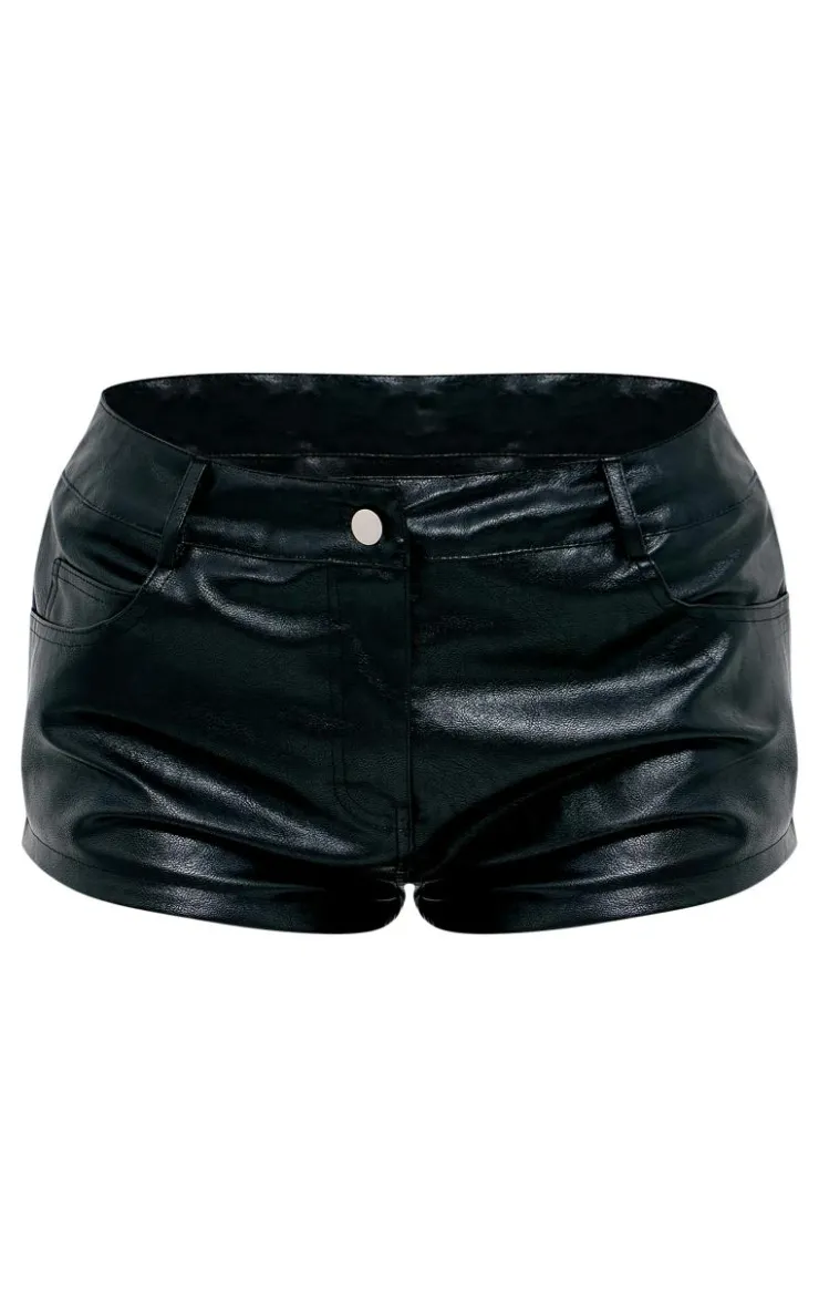 Sale PrettyLittleThing Faux Leather Low Rise Hot Pants Black