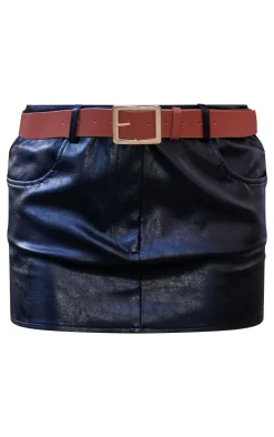 Black Faux Leather Low Rise Belted Mini Skirt