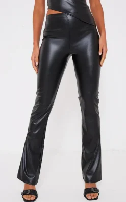 Clearance PrettyLittleThing Faux Leather Mid Rise Pin Tuck Straight Leg Pants Black