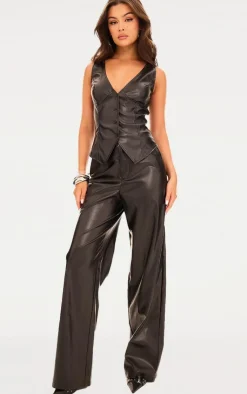 Outlet PrettyLittleThing Faux Leather Mid Rise Wide Leg Pants Black