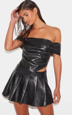 PrettyLittleThing Faux Leather Off The Shoulder Top Black