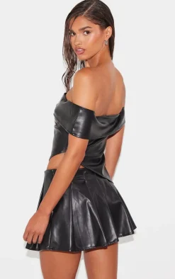 PrettyLittleThing Faux Leather Off The Shoulder Top Black