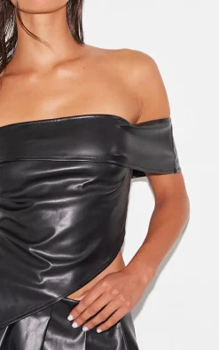 PrettyLittleThing Faux Leather Off The Shoulder Top Black