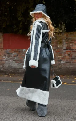 PrettyLittleThing Faux Leather Jackets*Faux Leather Oversized Lapel Borg Lined Belted Coat
