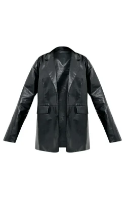 Online PrettyLittleThing Faux Leather Oversized Long Blazer Black