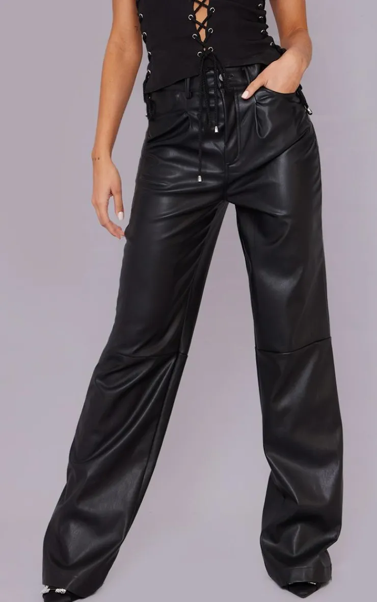 Faux Leather Pleat Detail Wide Leg Pants-PrettyLittleThing Outlet