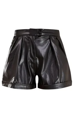 Faux Leather Pleat Detail Shorts-PrettyLittleThing Online