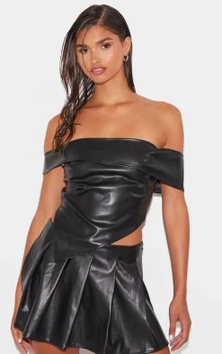 Hot PrettyLittleThing Faux Leather Pleated Mini Micro Skirt Black