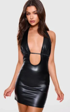 Faux Leather Plunge Bodycon Dress-PrettyLittleThing Online