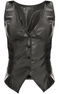 Discount PrettyLittleThing Faux Leather Plunge Vest Black