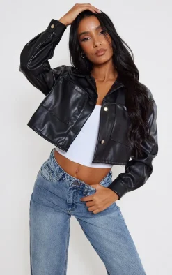 PrettyLittleThing Faux Leather Jackets*Faux Leather Pocket Detail Oversized Cropped Jacket