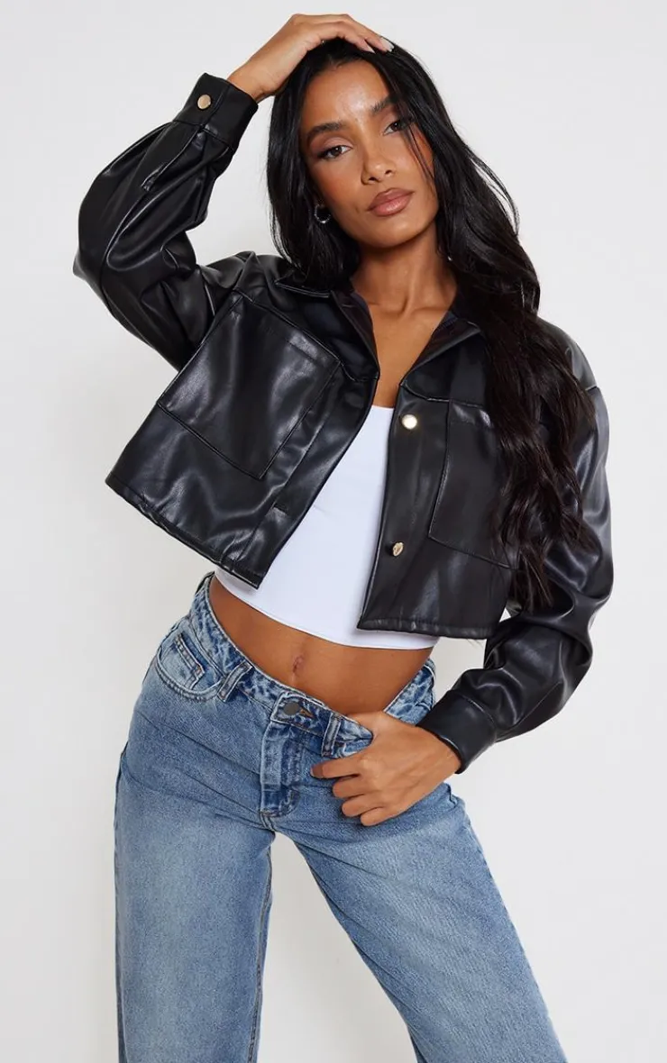 PrettyLittleThing Faux Leather Jackets*Faux Leather Pocket Detail Oversized Cropped Jacket