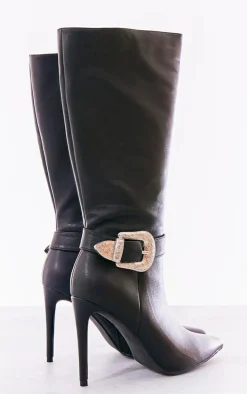 PrettyLittleThing High Heels*Faux Leather Point Toe Western Buckle Knee High Heeled Stiletto Boots