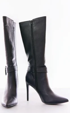 PrettyLittleThing High Heels*Faux Leather Point Toe Western Buckle Knee High Heeled Stiletto Boots