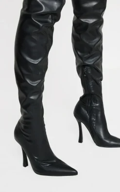 PrettyLittleThing Over The Knee Boots*Faux Leather Point Toe Sock Heeled Over The Knee Boots