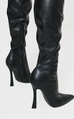 PrettyLittleThing Over The Knee Boots*Faux Leather Point Toe Sock Heeled Over The Knee Boots
