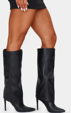 PrettyLittleThing High Heels*Faux Leather Point Toe Fold Over High Heeled Calf High Boots