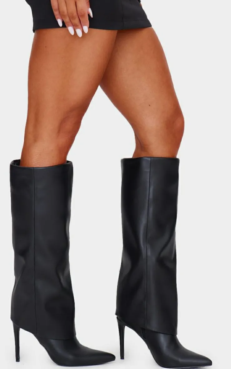 PrettyLittleThing High Heels*Faux Leather Point Toe Fold Over High Heeled Calf High Boots