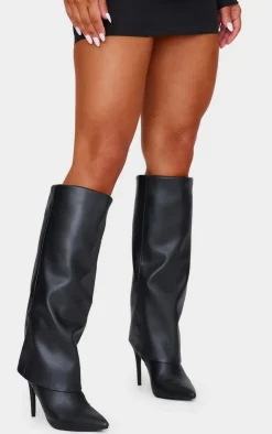 PrettyLittleThing High Heels*Faux Leather Point Toe Fold Over High Heeled Calf High Boots