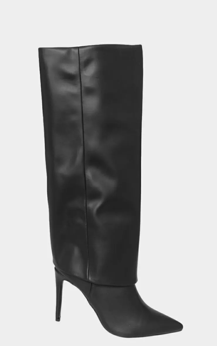 PrettyLittleThing High Heels*Faux Leather Point Toe Fold Over High Heeled Calf High Boots