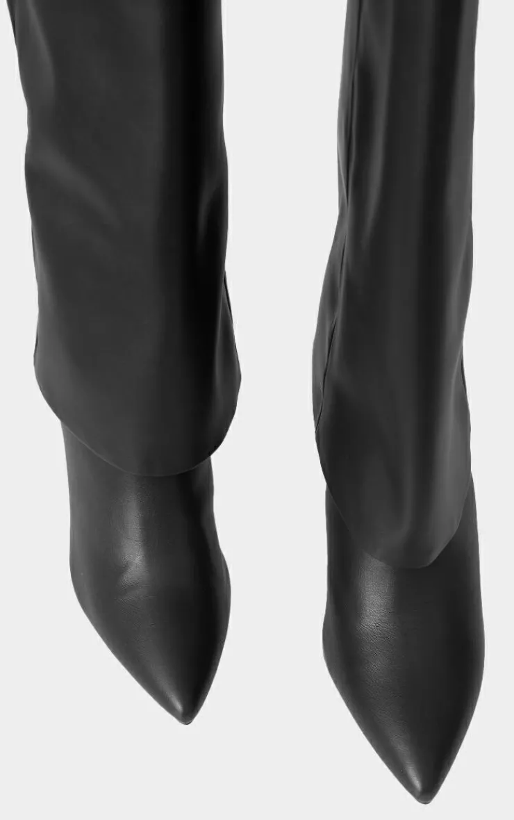 PrettyLittleThing High Heels*Faux Leather Point Toe Fold Over High Heeled Calf High Boots