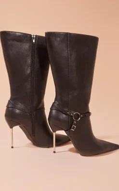 PrettyLittleThing High Heels*Faux Leather Point Toe Buckle Strap Heeled Calf High Boots
