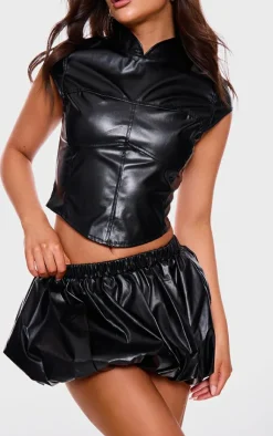 Hot PrettyLittleThing Faux Leather Puff Ball Mini Skirt Black