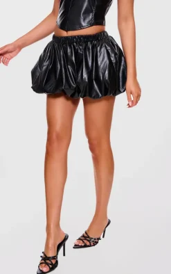 Hot PrettyLittleThing Faux Leather Puff Ball Mini Skirt Black