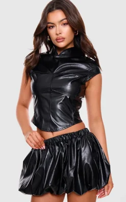 Hot PrettyLittleThing Faux Leather Puff Ball Mini Skirt Black