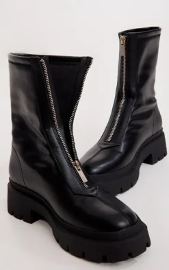 PrettyLittleThing Black Boots*Faux Leather Round Toe Chunky Ankle Zip Sock Boots