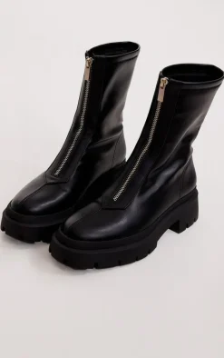 PrettyLittleThing Black Boots*Faux Leather Round Toe Chunky Ankle Zip Sock Boots