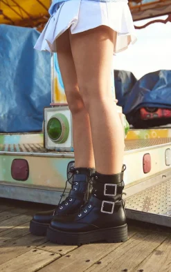 PrettyLittleThing Black Boots*Faux Leather Round Diamante Buckle Chunky Lace Up Ankle Boots