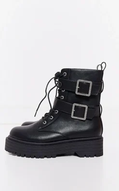 PrettyLittleThing Black Boots*Faux Leather Round Diamante Buckle Chunky Lace Up Ankle Boots