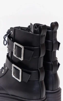 PrettyLittleThing Black Boots*Faux Leather Round Diamante Buckle Chunky Lace Up Ankle Boots