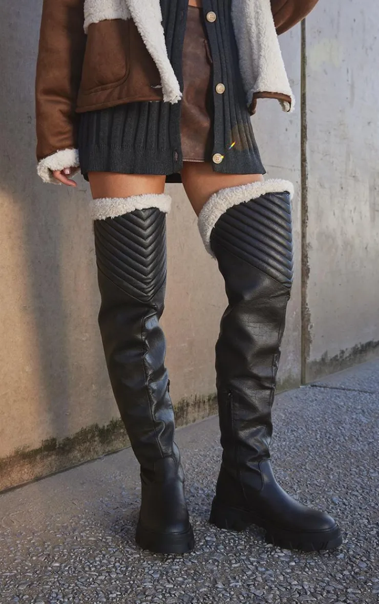 PrettyLittleThing Over The Knee Boots*Faux Leather Round Toe Shearling Over The Knee Boots