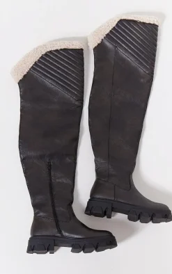 PrettyLittleThing Over The Knee Boots*Faux Leather Round Toe Shearling Over The Knee Boots