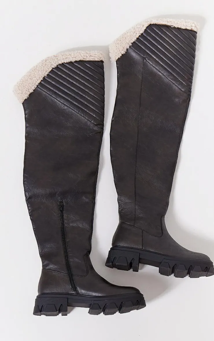 PrettyLittleThing Over The Knee Boots*Faux Leather Round Toe Shearling Over The Knee Boots
