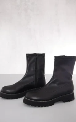 PrettyLittleThing Black Boots*Faux Leather Round Diamante Chunky Ankle Sock Boots