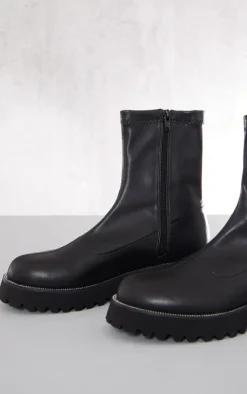 PrettyLittleThing Black Boots*Faux Leather Round Diamante Chunky Ankle Sock Boots