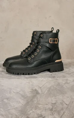 PrettyLittleThing Black Boots*Faux Leather Round Toe Gold Detail Lace Up Ankle Boots