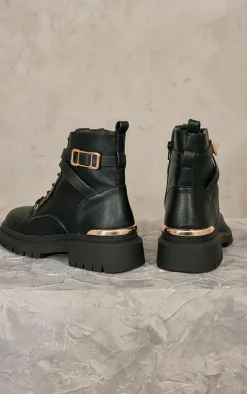 PrettyLittleThing Black Boots*Faux Leather Round Toe Gold Detail Lace Up Ankle Boots