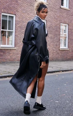 PrettyLittleThing Trench Coats*Faux Leather Rounded Shoulder Belted Maxi Trench Coat